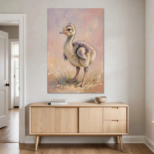 Fluffy Ostrich Chick on Long Pink Legs - Canvas Wall Art - Coffee Table - 40x60