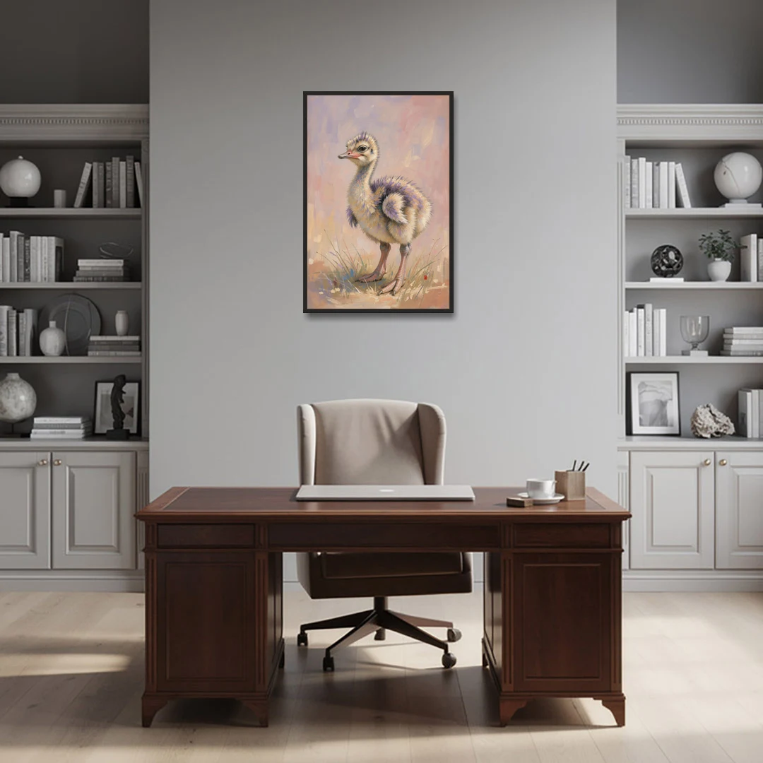 Fluffy Ostrich Chick on Long Pink Legs - Black Framed Canvas Wall Art - Office - 24x36