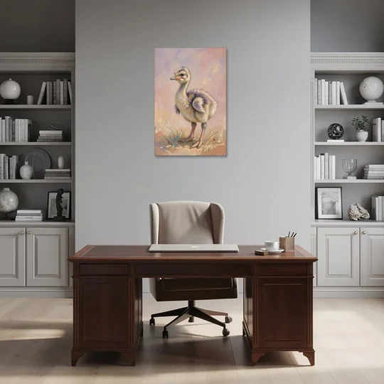 Fluffy Ostrich Chick on Long Pink Legs - Canvas Wall Art - Office - 24x36