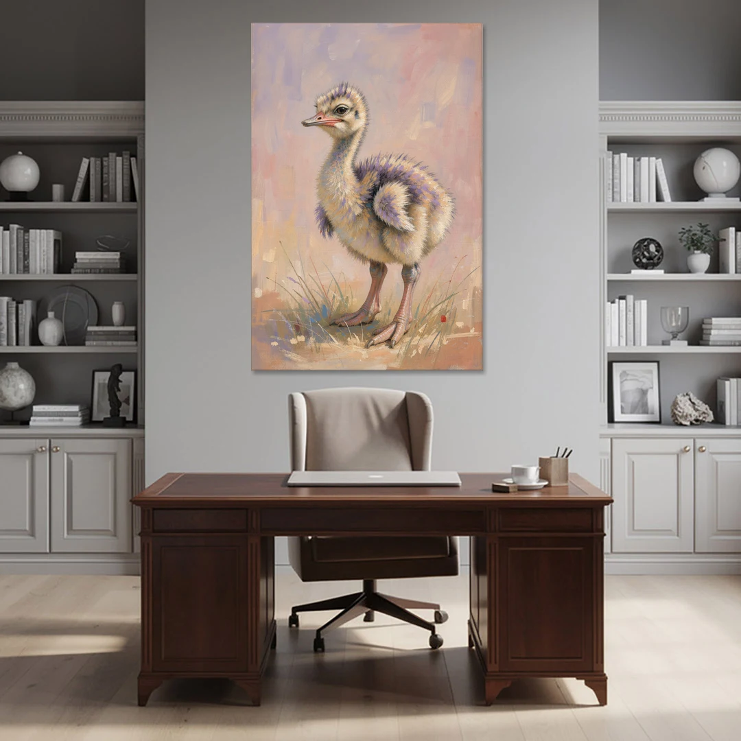 Fluffy Ostrich Chick on Long Pink Legs - Canvas Wall Art - Office - 40x60