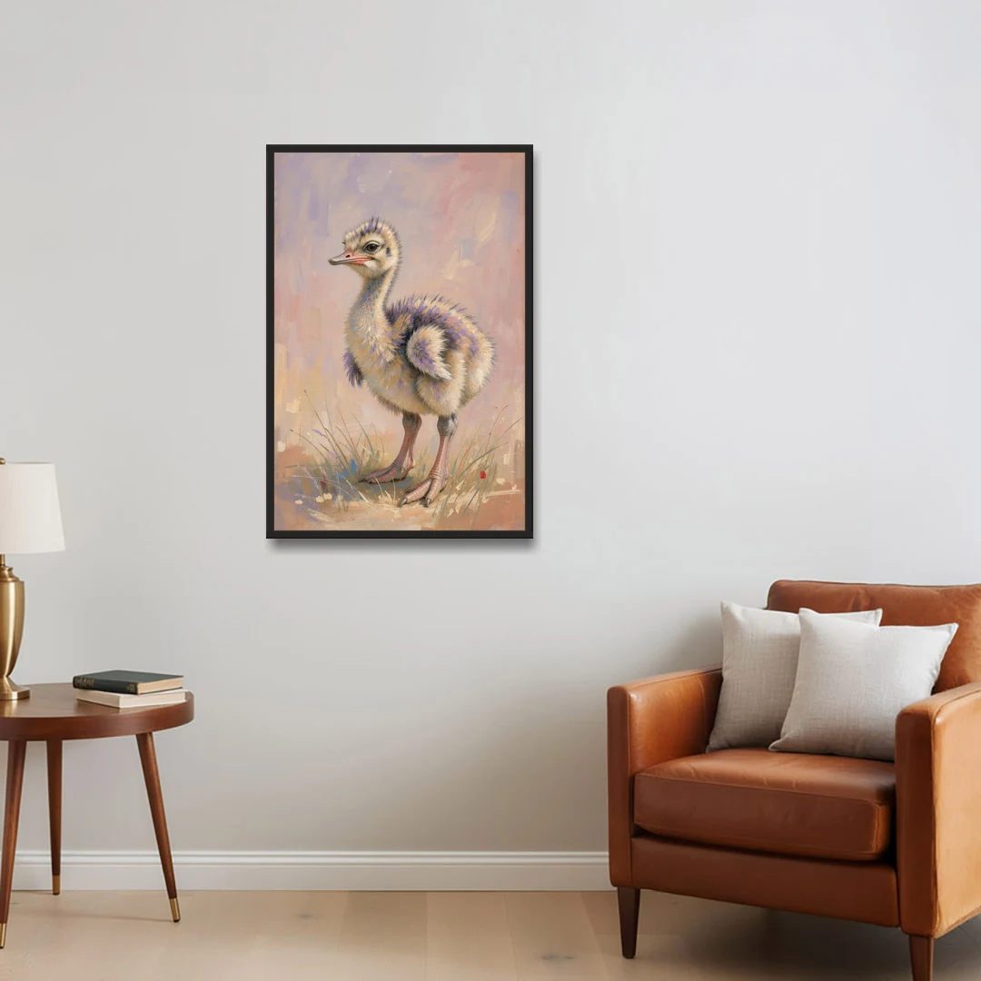 Fluffy Ostrich Chick on Long Pink Legs - Black Framed Canvas Wall Art - Sofa - 24x36