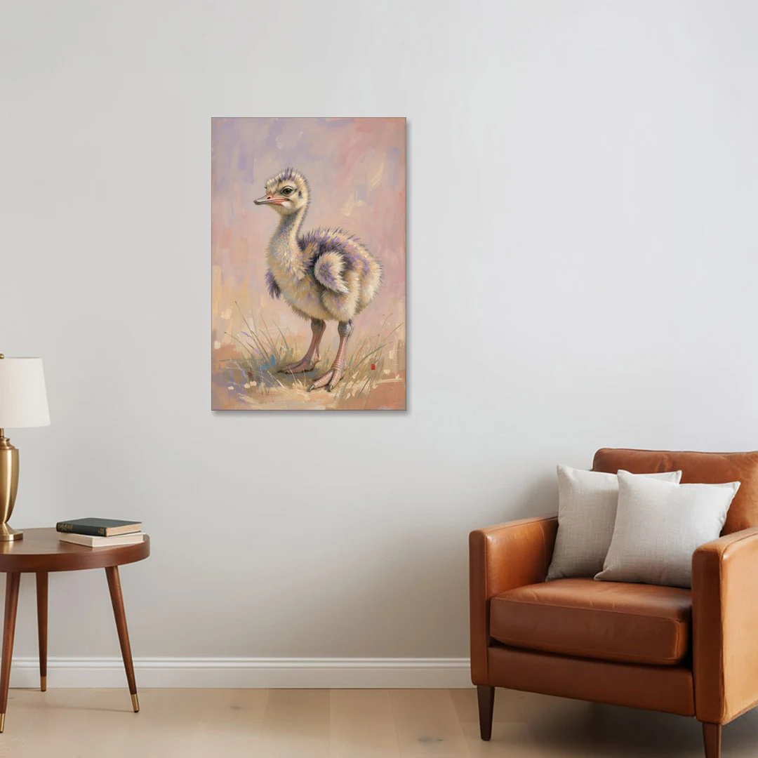 Fluffy Ostrich Chick on Long Pink Legs - Canvas Wall Art - Sofa - 24x36
