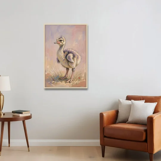 Fluffy Ostrich Chick on Long Pink Legs - Oak Framed Canvas Wall Art - Sofa - 24x36