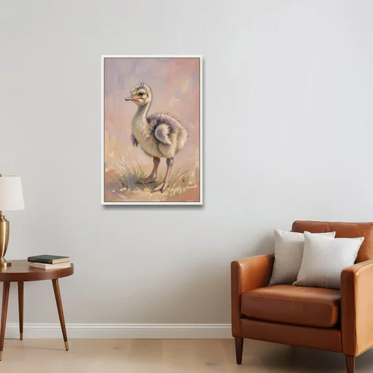 Fluffy Ostrich Chick on Long Pink Legs - White Framed Canvas Wall Art - Sofa - 24x36