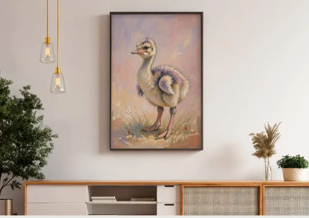 Fluffy Ostrich Chick on Long Pink Legs canvas wall art above a wooden sideboard under pendant lights