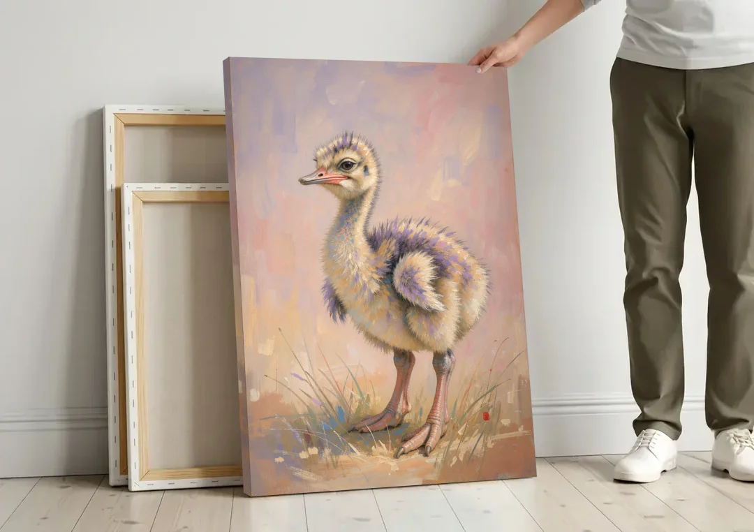 Fluffy Ostrich Chick on Long Pink Legs canvas wall art leaning against a wall next to blank canvases