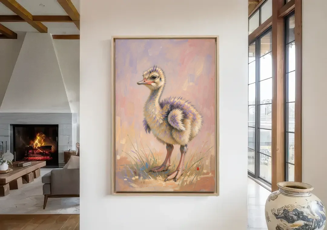 Fluffy Ostrich Chick on Long Pink Legs canvas wall art in a living room with a fireplace