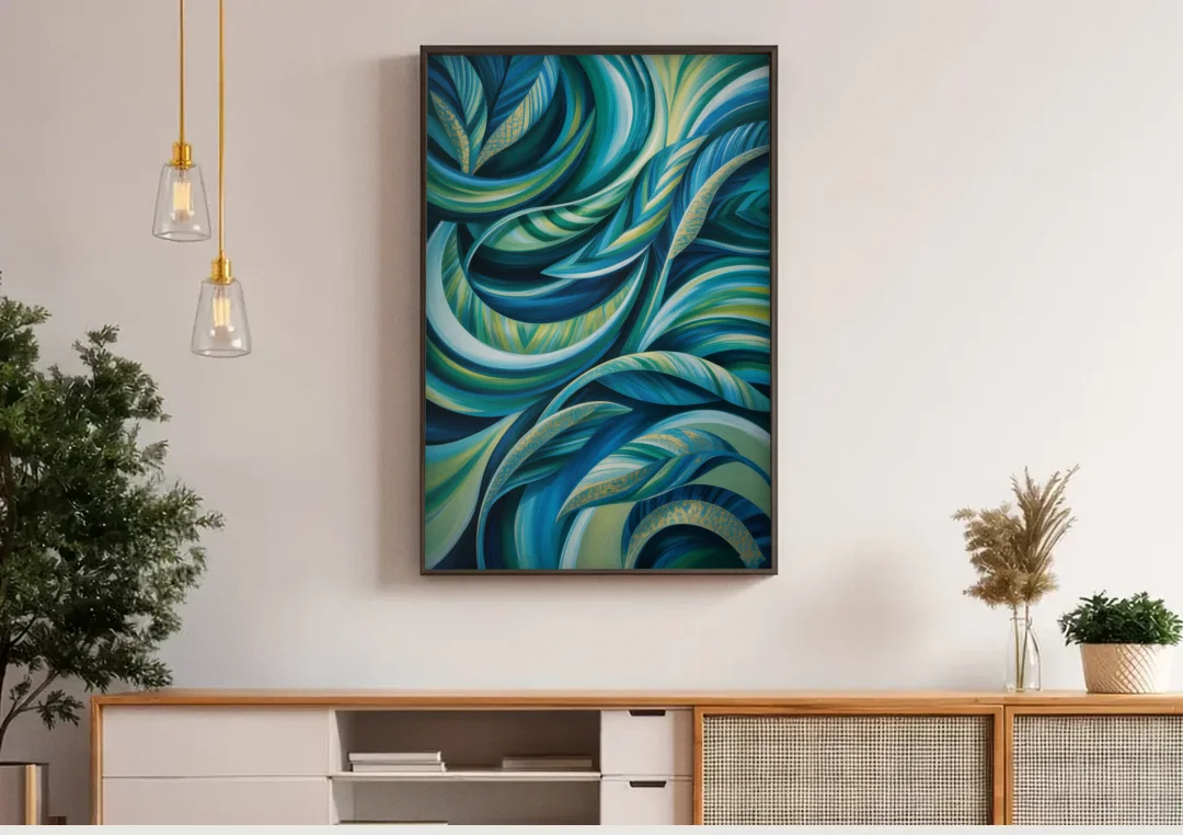 Fluid Elegance Blue and Green Abstract canvas wall art above a wooden sideboard under pendant lights