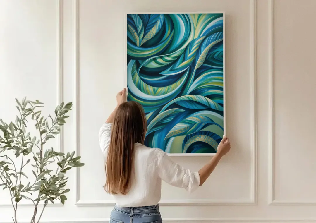 Fluid Elegance Blue and Green Abstract canvas wall art being hung on a paneled wall