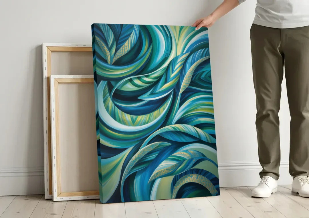 Fluid Elegance Blue and Green Abstract canvas wall art leaning against a wall next to blank canvases