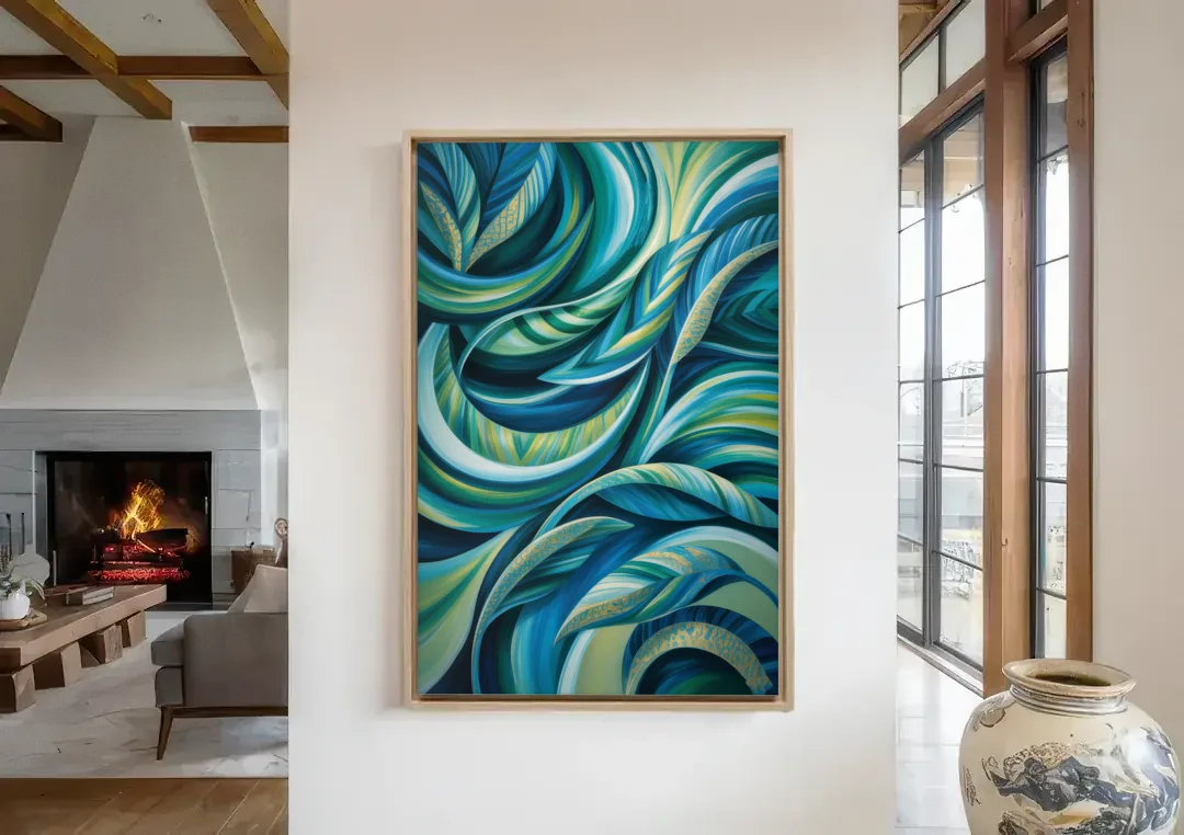 Fluid Elegance Blue and Green Abstract canvas wall art in a living room with a fireplace