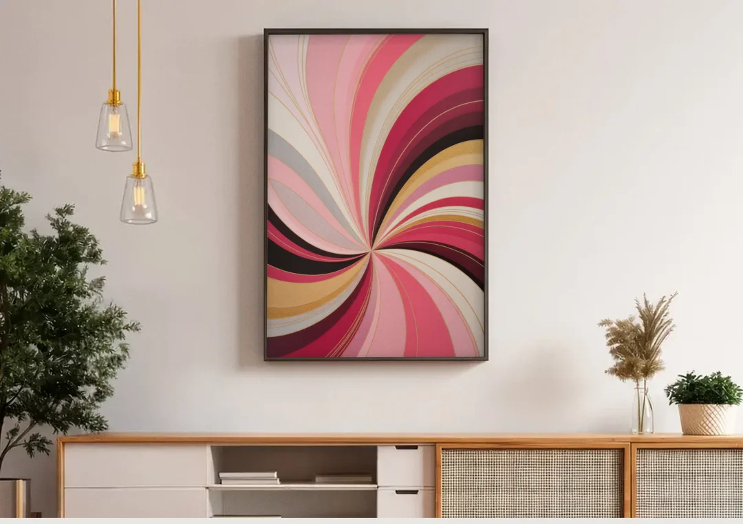 Fluid Elegance Pink Abstract canvas wall art above a wooden sideboard under pendant lights
