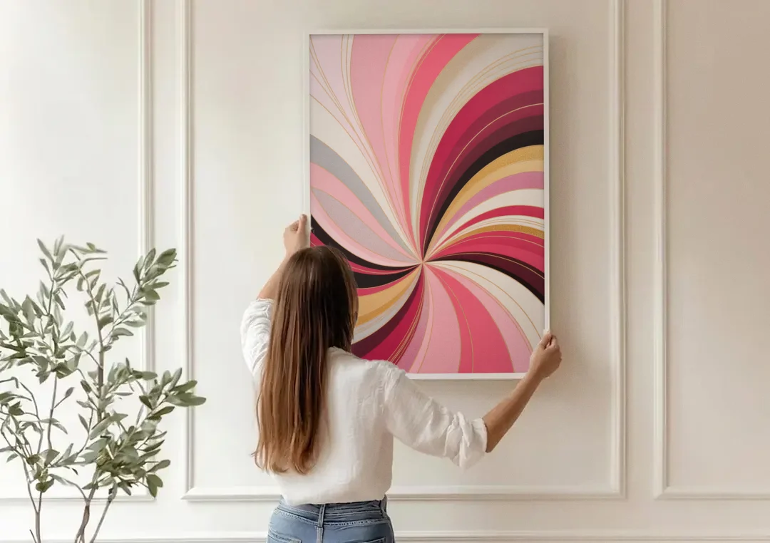 Fluid Elegance Pink Abstract canvas wall art being hung on a paneled wall