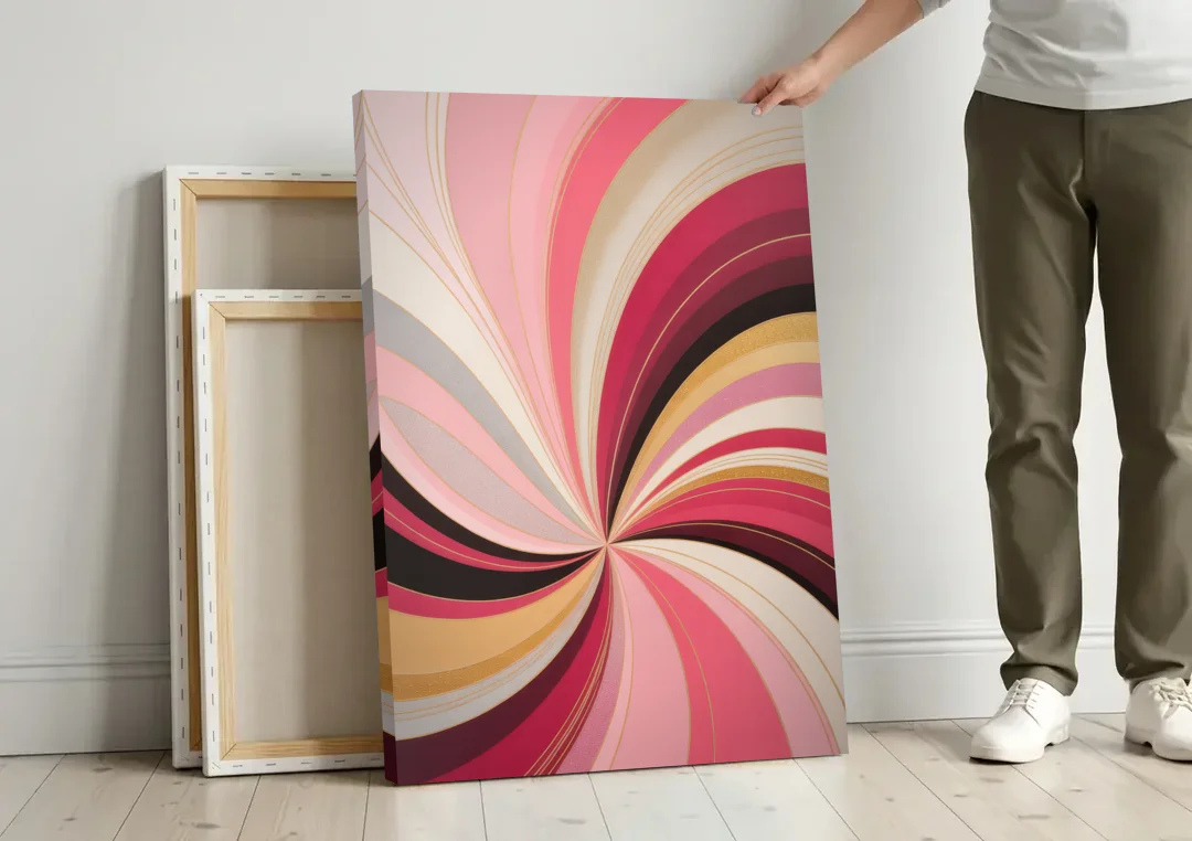 Fluid Elegance Pink Abstract canvas wall art leaning against a wall next to blank canvases