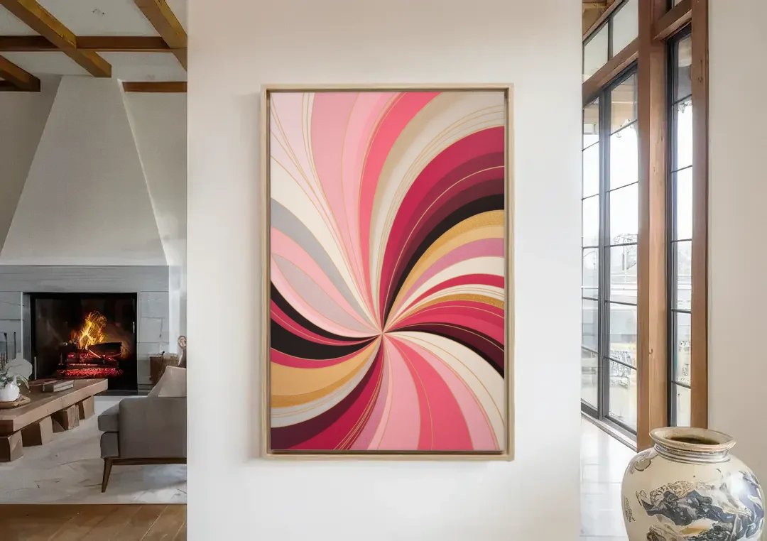 Fluid Elegance Pink Abstract canvas wall art in a living room with a fireplace