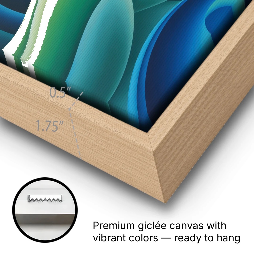 Fluid Harmony Blue and Green Abstract - Oak Framed Canvas Wall Art - Gallery Wrap Corner