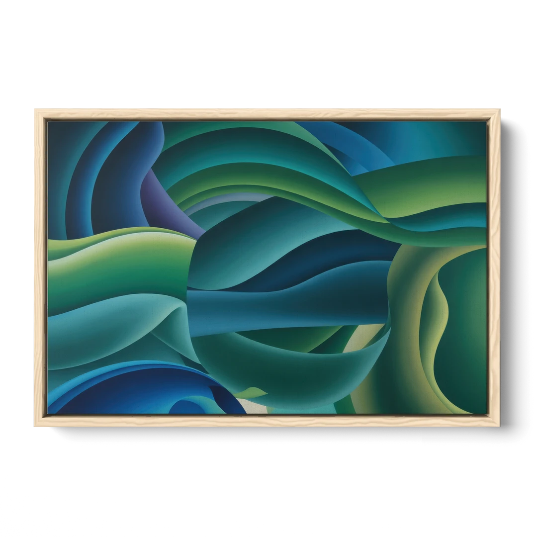 Fluid Harmony Blue and Green Abstract - Oak Framed Canvas Wall Art - Front