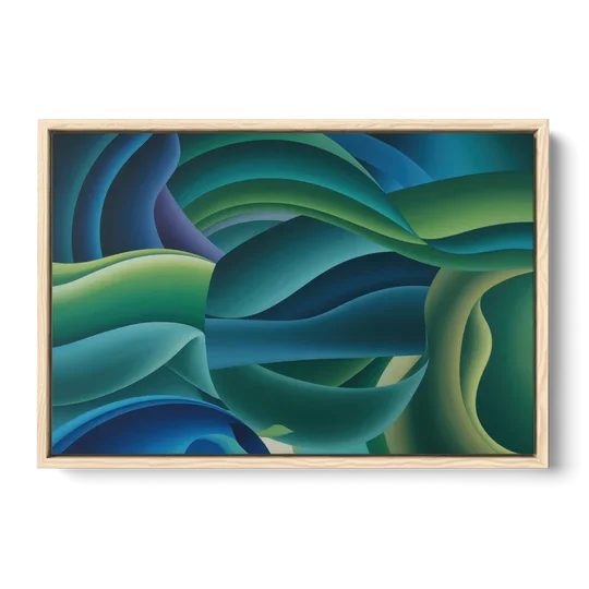Fluid Harmony Blue and Green Abstract - Oak Framed Canvas Wall Art - Front