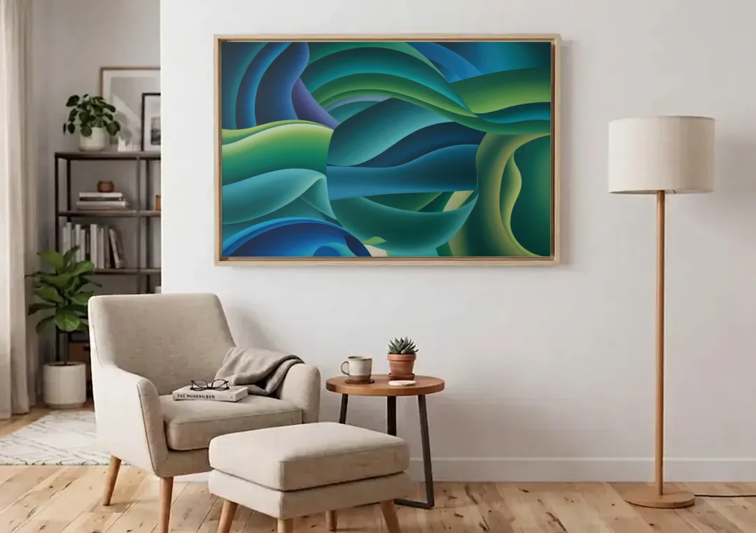 Fluid Harmony Blue and Green Abstract canvas wall art above an armchair in a bright living room