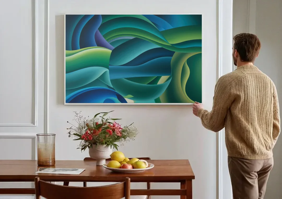 Fluid Harmony Blue and Green Abstract canvas wall art above a dining table