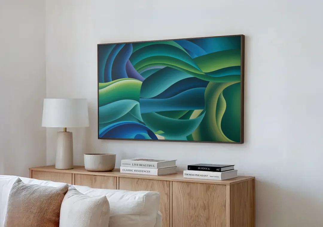Fluid Harmony Blue and Green Abstract canvas wall art above a wooden sideboard next to a sofa