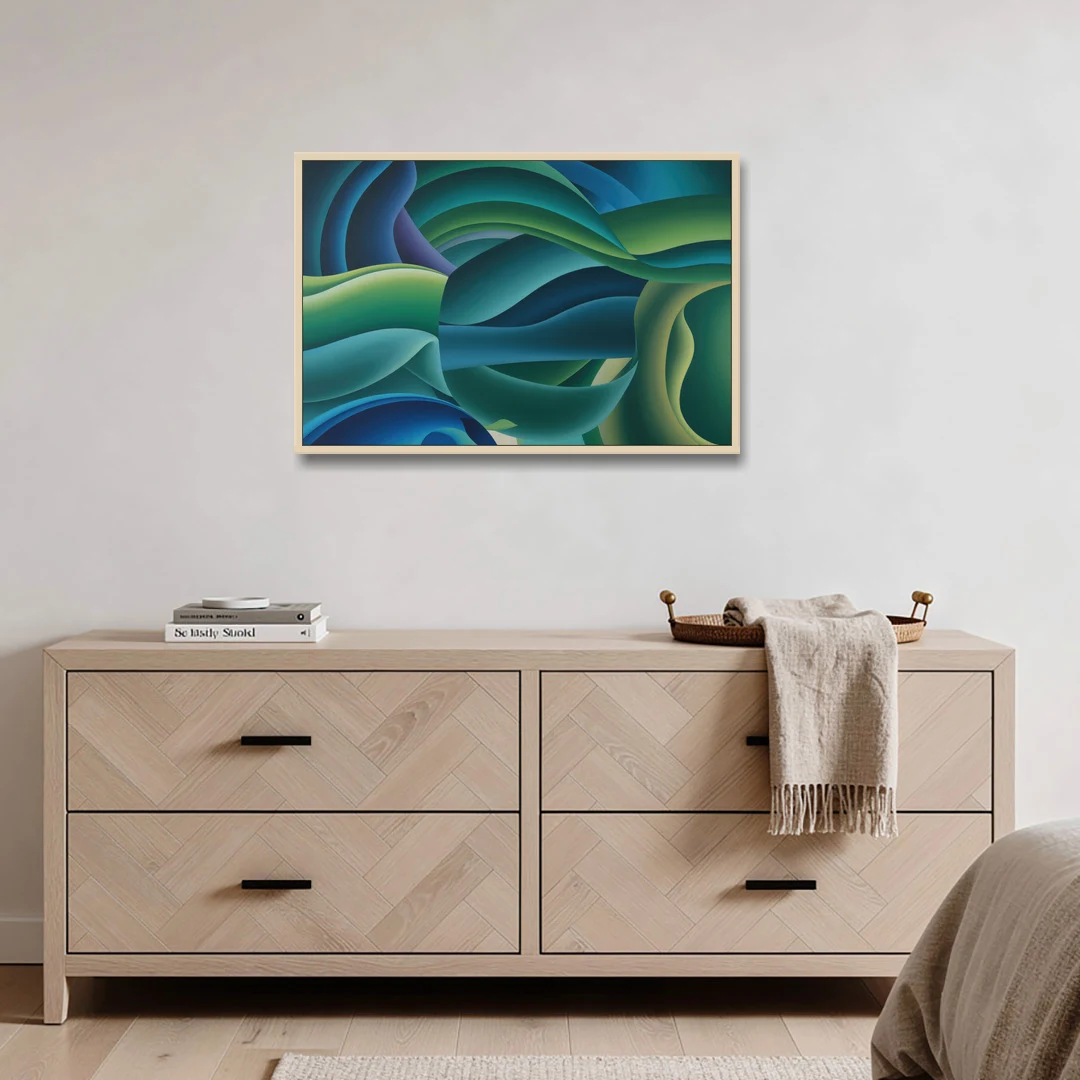 Fluid Harmony Blue and Green Abstract - Oak Framed Canvas Wall Art - Coffee Table - 36x24