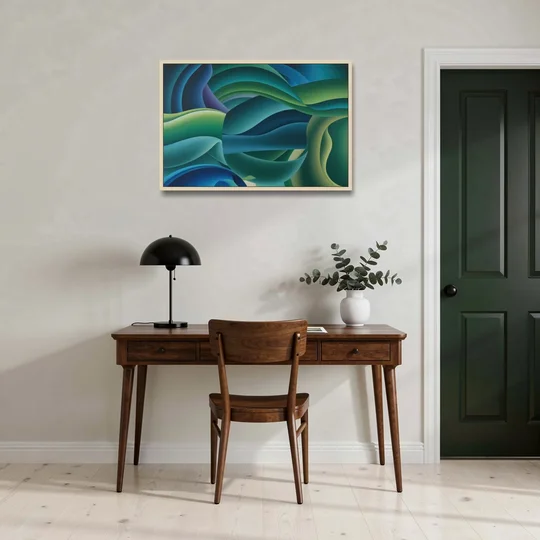 Fluid Harmony Blue and Green Abstract - Oak Framed Canvas Wall Art - Office - 36x24