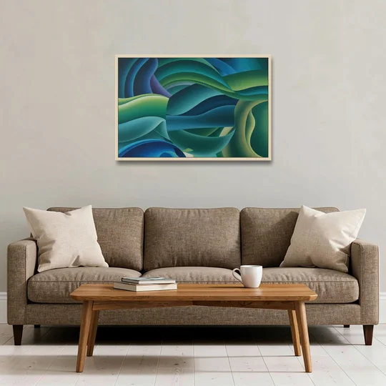 Fluid Harmony Blue and Green Abstract - Oak Framed Canvas Wall Art - Sofa - 36x24