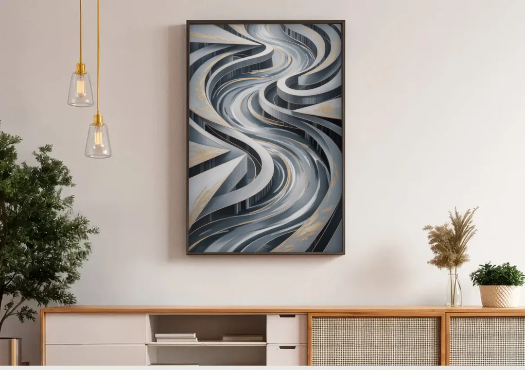 Fluid Harmony Grey Abstract canvas wall art above a wooden sideboard under pendant lights