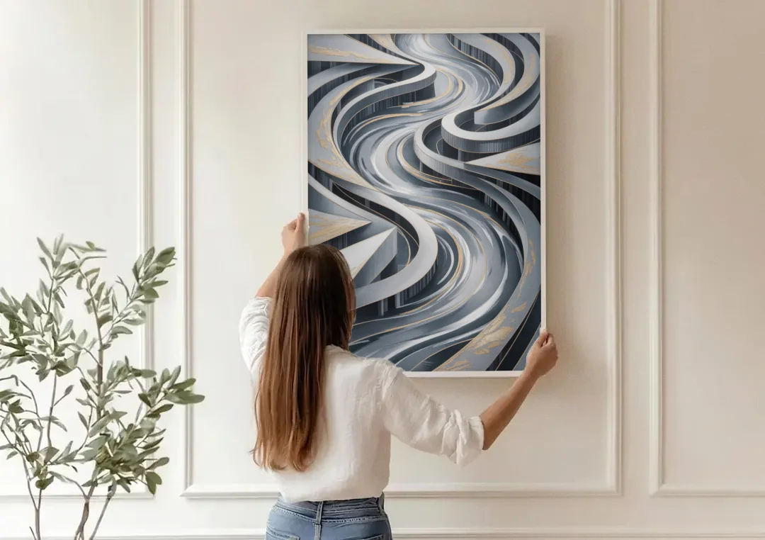 Fluid Harmony Grey Abstract canvas wall art being hung on a paneled wall