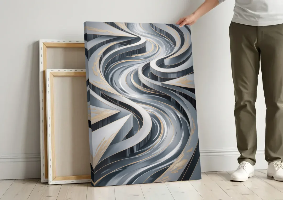 Fluid Harmony Grey Abstract canvas wall art leaning against a wall next to blank canvases