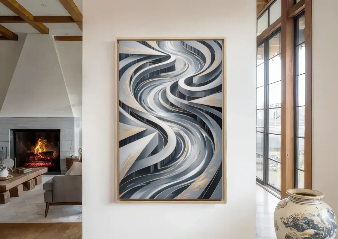 Fluid Harmony Grey Abstract canvas wall art in a living room with a fireplace