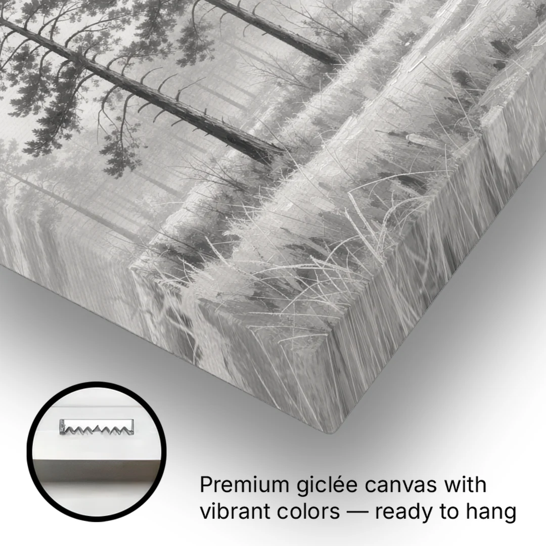 Foggy Forest Pines on Frosted Meadow for the Living Room - Canvas Wall Art - Gallery Wrap Corner