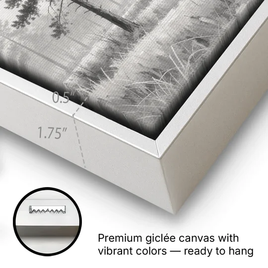 Foggy Forest Pines on Frosted Meadow for the Living Room - White Framed Canvas Wall Art - Gallery Wrap Corner