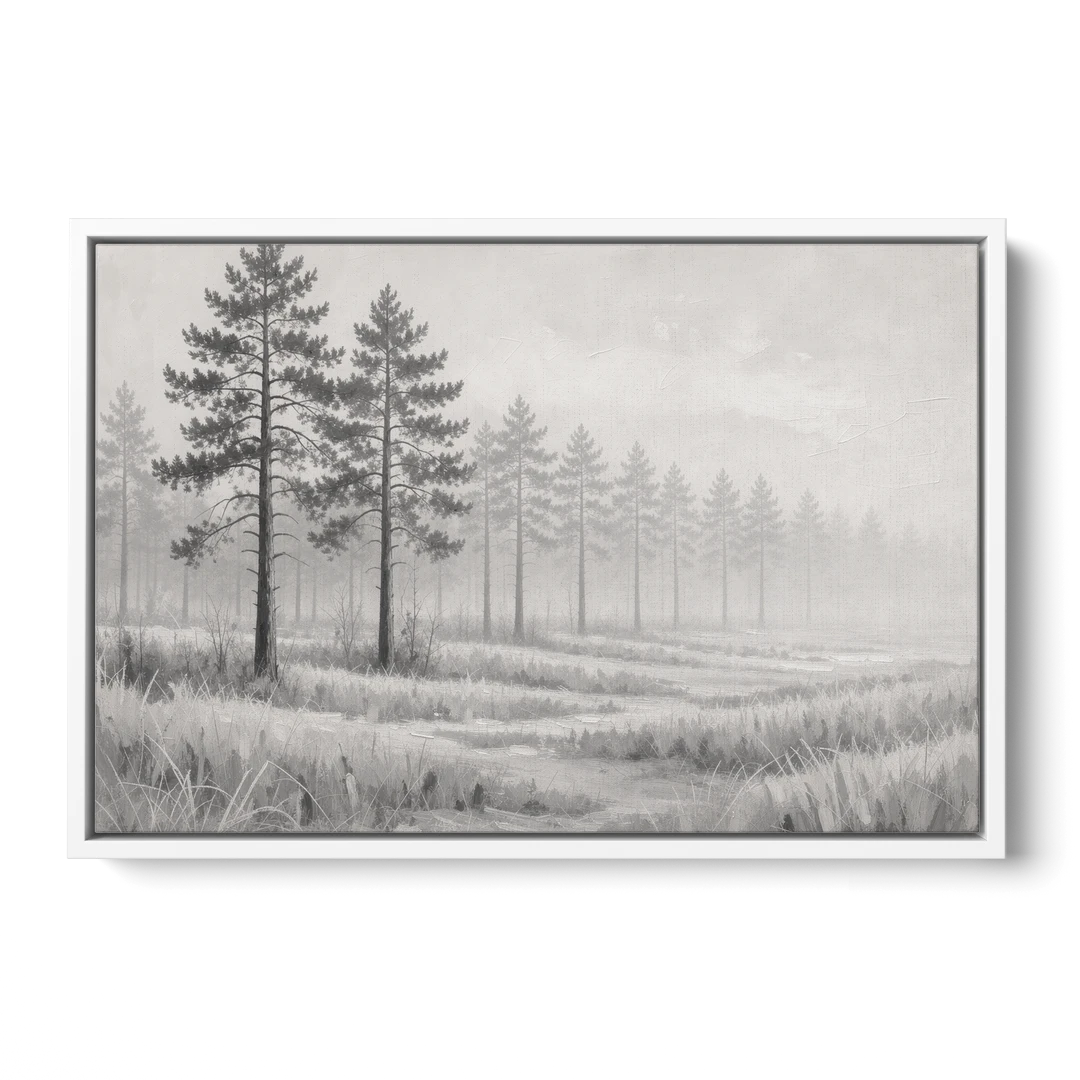 Foggy Forest Pines on Frosted Meadow for the Living Room - White Framed Canvas Wall Art - Front