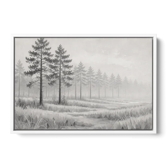 Foggy Forest Pines on Frosted Meadow for the Living Room - White Framed Canvas Wall Art - Front