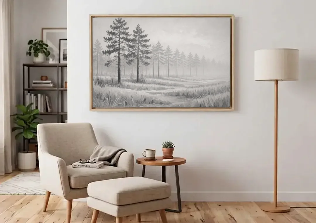 Foggy Forest Pines on Frosted Meadow for the Living Room canvas wall art above an armchair in a bright living room
