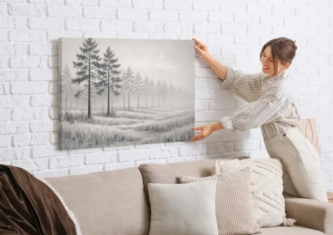 Foggy Forest Pines on Frosted Meadow for the Living Room canvas wall art being hung on a white brick wall above a sofa