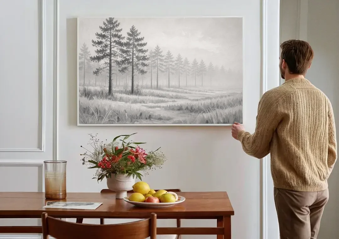 Foggy Forest Pines on Frosted Meadow for the Living Room canvas wall art above a dining table