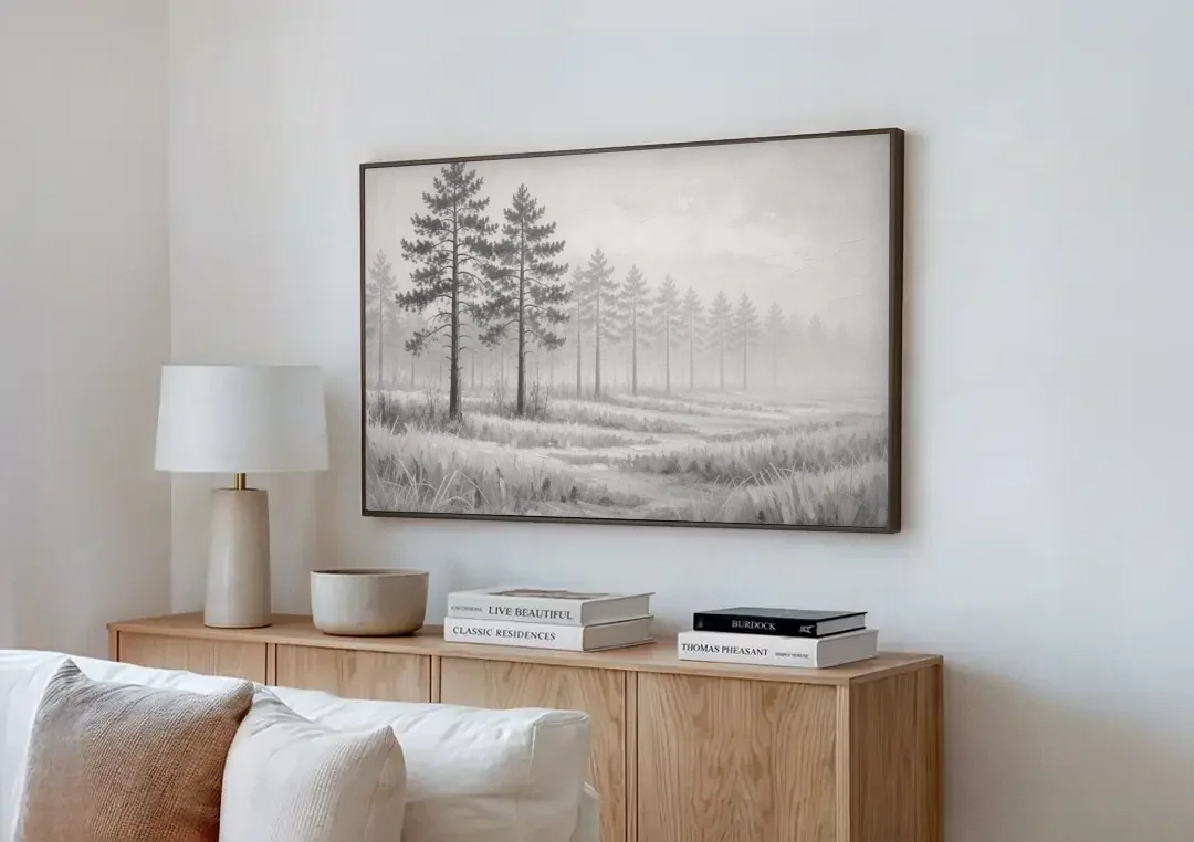 Foggy Forest Pines on Frosted Meadow for the Living Room canvas wall art above a wooden sideboard next to a sofa