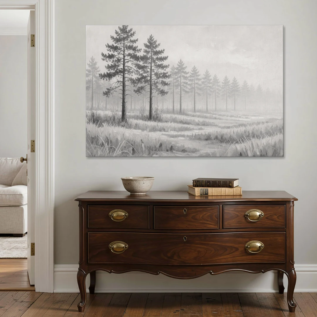 Foggy Forest Pines on Frosted Meadow for the Living Room - Canvas Wall Art - Coffee Table - 60x40