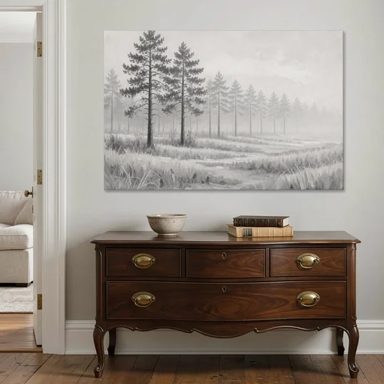 Foggy Forest Pines on Frosted Meadow for the Living Room - Canvas Wall Art - Coffee Table - 60x40