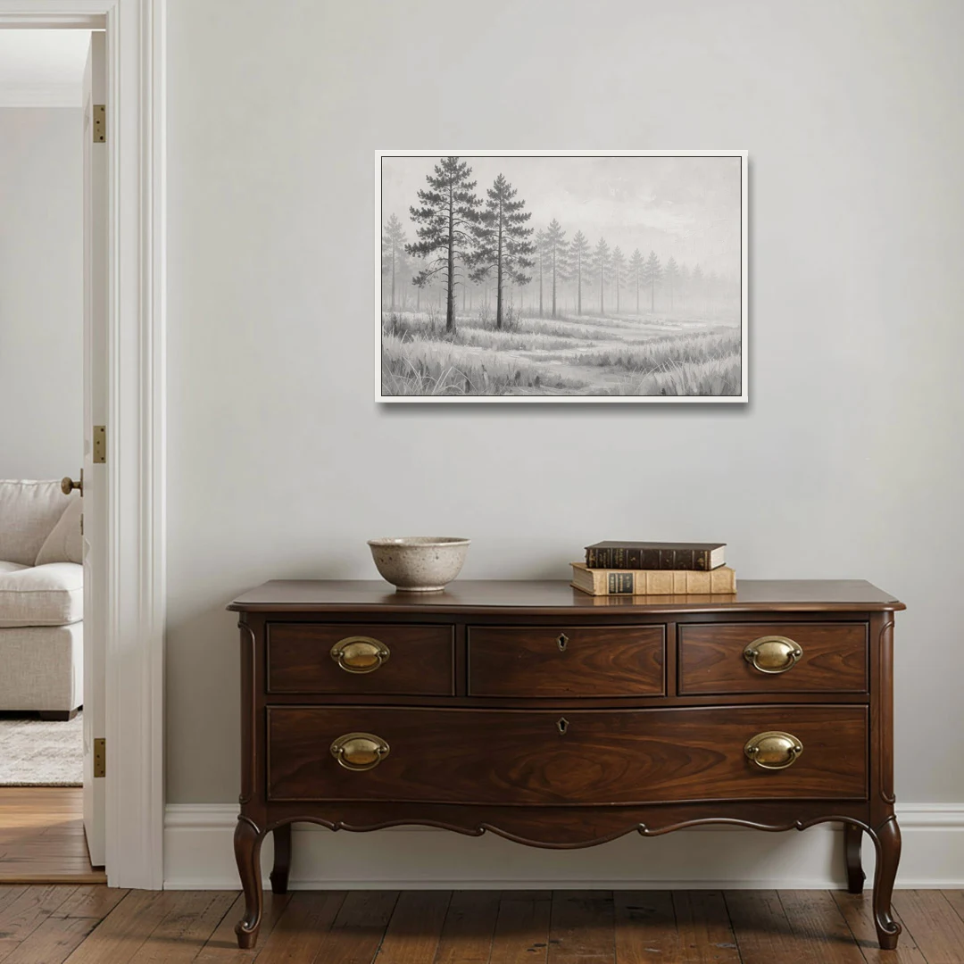 Foggy Forest Pines on Frosted Meadow for the Living Room - White Framed Canvas Wall Art - Coffee Table - 36x24