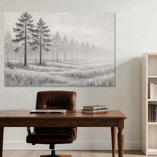 Foggy Forest Pines on Frosted Meadow for the Living Room - Canvas Wall Art - Office - 60x40