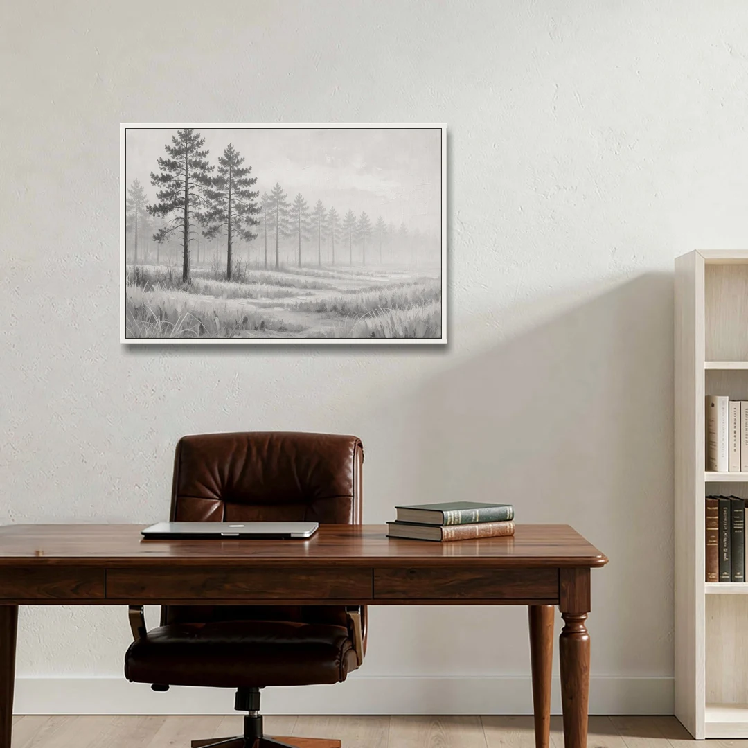 Foggy Forest Pines on Frosted Meadow for the Living Room - White Framed Canvas Wall Art - Office - 36x24