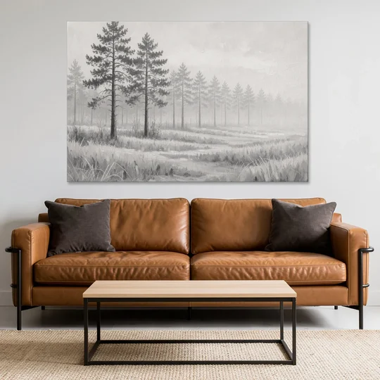 Foggy Forest Pines on Frosted Meadow for the Living Room - Canvas Wall Art - Sofa - 60x40