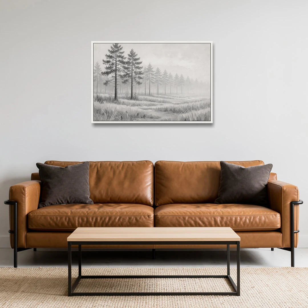 Foggy Forest Pines on Frosted Meadow for the Living Room - White Framed Canvas Wall Art - Sofa - 36x24