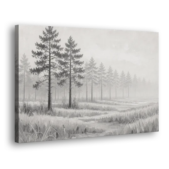 Foggy Forest Pines on Frosted Meadow for the Living Room - Canvas Wall Art - Side