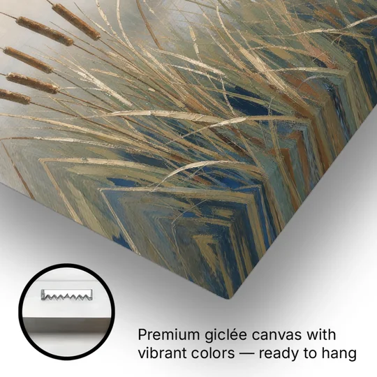 Foggy Morning Painting of Cattails in the Marsh - Canvas Wall Art - Gallery Wrap Corner