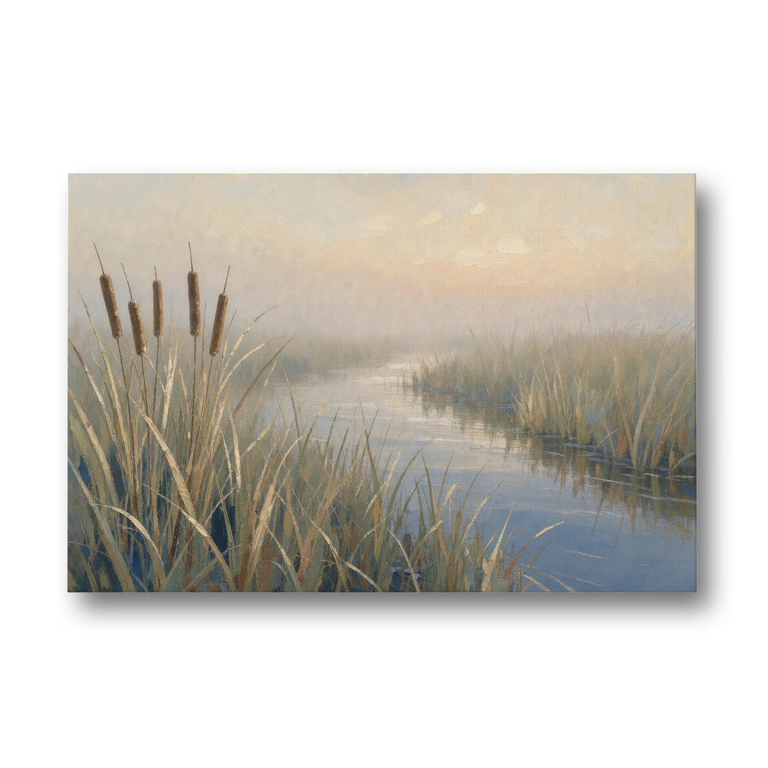 Foggy Morning Painting of Cattails in the Marsh - Canvas Wall Art - Front